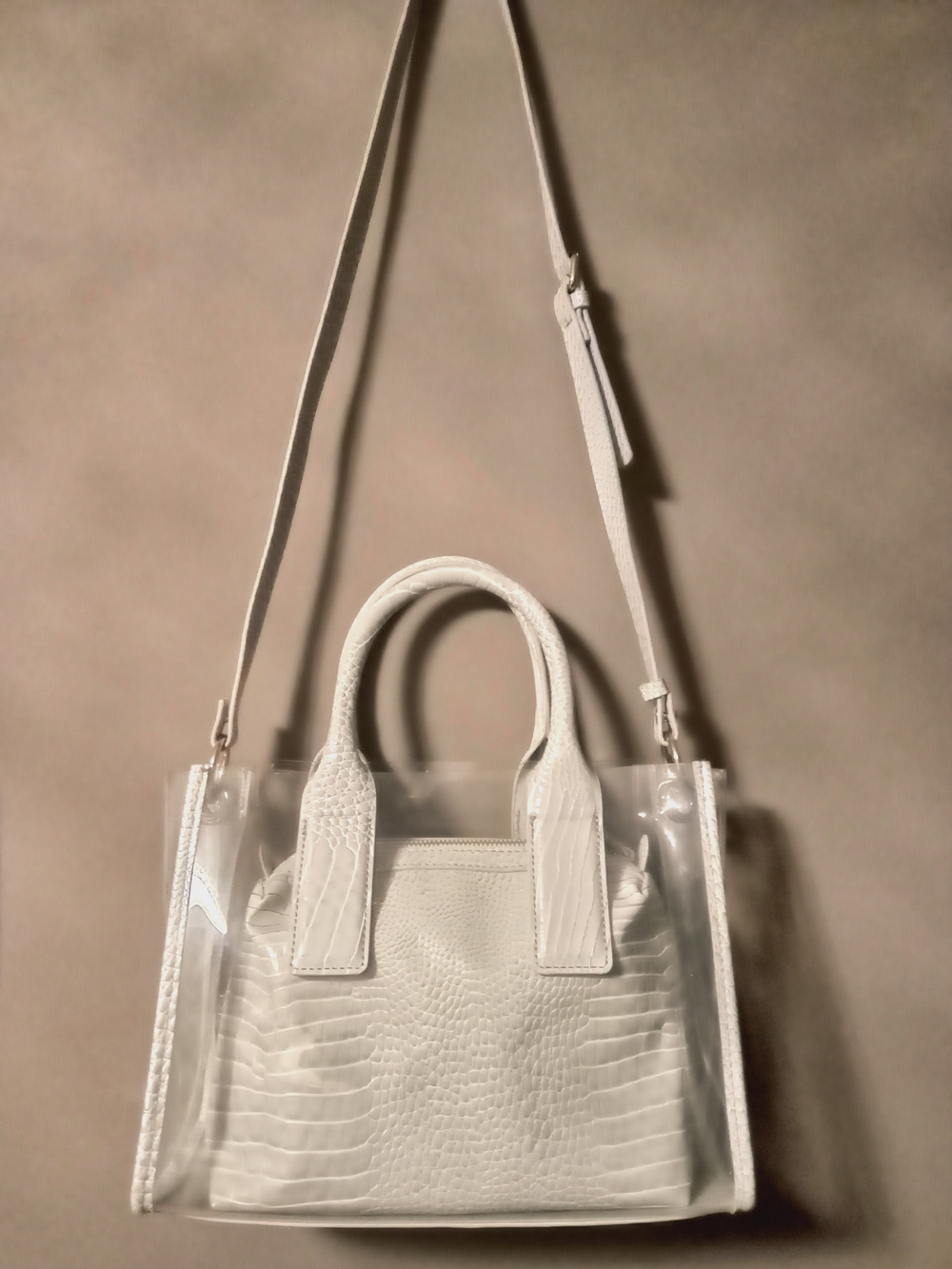 Zara Clear Tote with White Croc-Texture Pouch and Strap